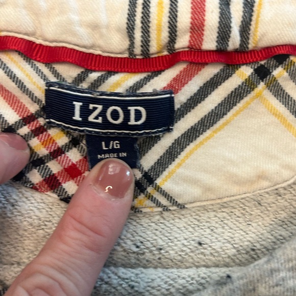 IZOD heathered sweatshirt with a faux layered plaid hem and a front tie detail L - Picture 8 of 8